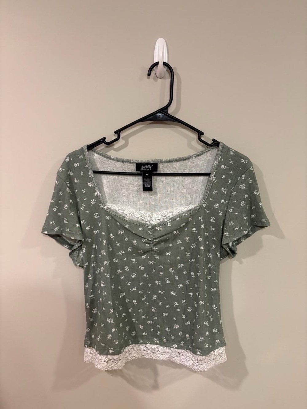 Just Polly Olive Green Floral Lace-Trim Square Neck Top